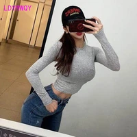 short style show body round neck tight long sleeve t shirt solid color show waist thin bottom top waist tight top