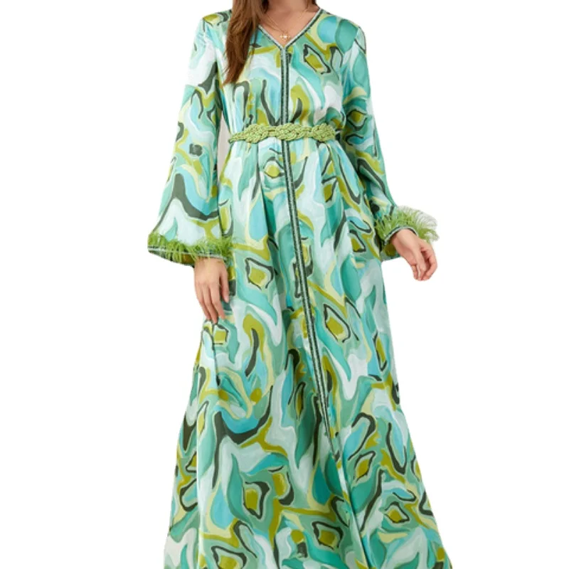 

Women's Dresses Print Fall 2022 Abaya's V-Neck Feathers Long Sleeve Maxi Dress Belted Moroccan Kaftan Robe Abayat Turkish Jilbab