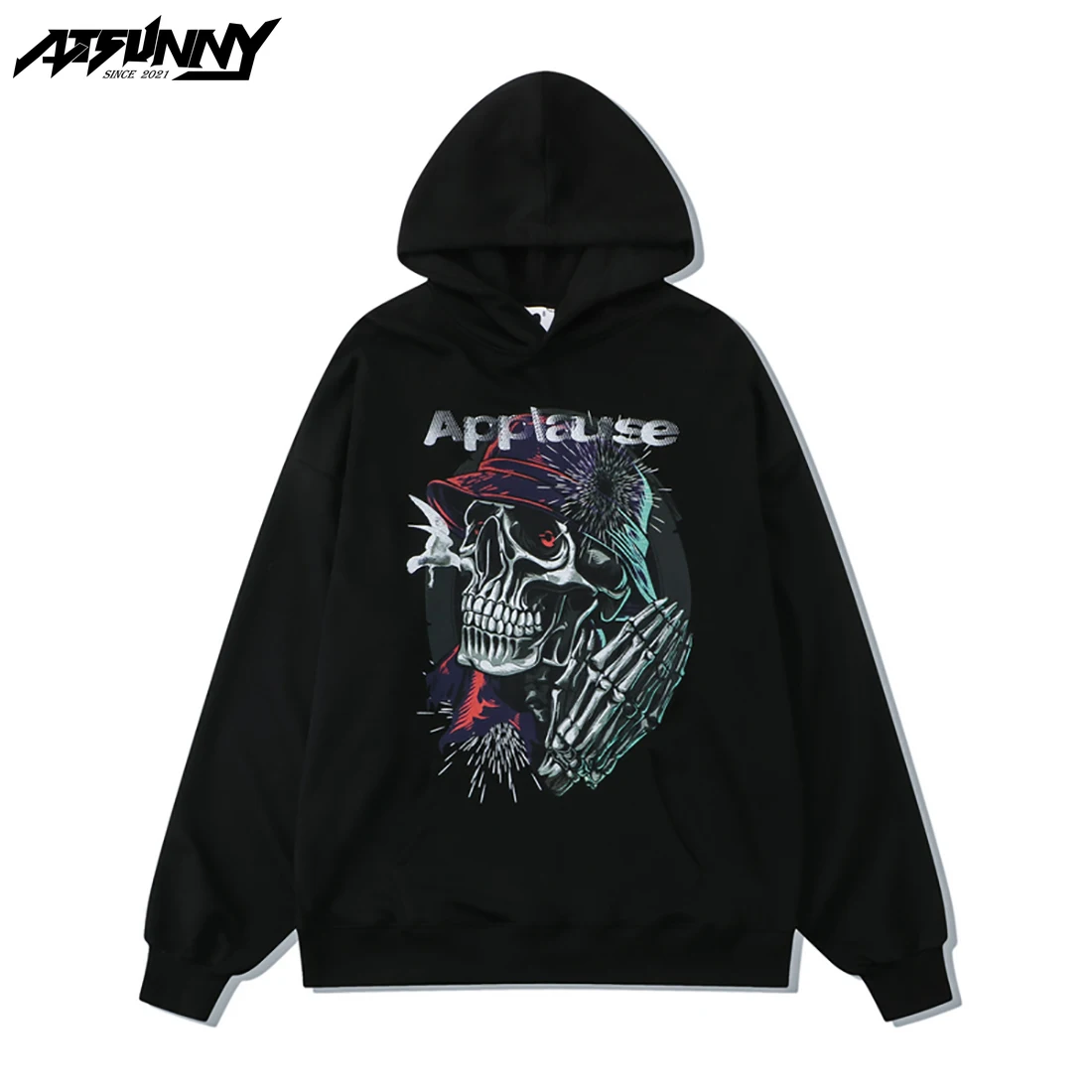 

ATSUNNY Applause Skeleton Print Streetwear Hip Hop Hoodie Pullover Harajuku Retro Gothic Hoodies Thicken Oversize Clothes Tops