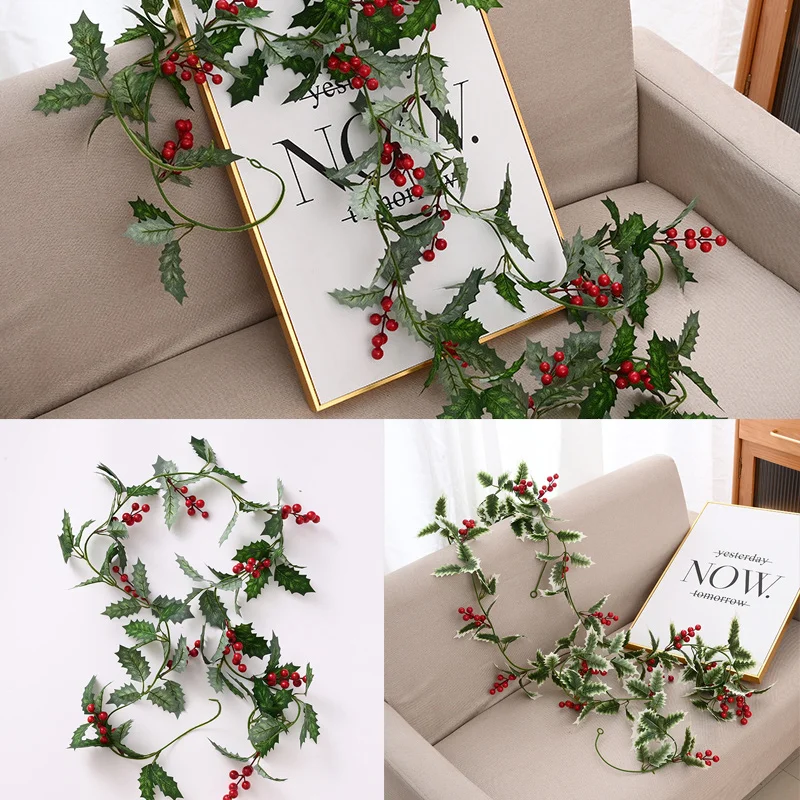 

2m Artificial Holly Leaf Vine And Red Berries Christmas Rattan DIY Garland Wreath Xmas Tree Hanging Ornaments Home Decoration