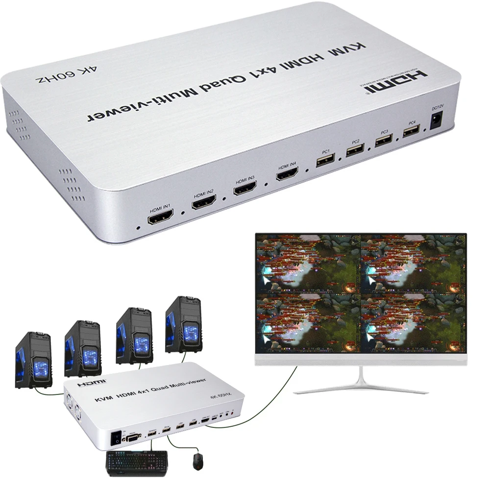 HDMI 2,0 4K 60 Гц USB клавиатура мышь KVM переключатель 90 ° 180 ° Поворотный HDMI 4x1 четырехъядерный мультиплексор для просмотра 4-канальный видео мультиплексор PIP
