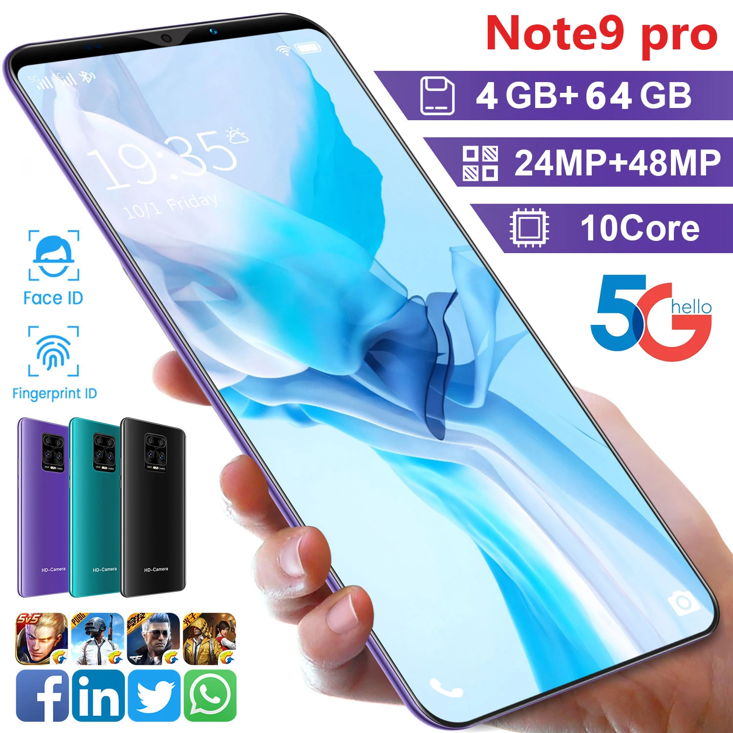 

Смартфон Note 9 Pro, 5,5 дюйма, 4 + 64 ГБ, 24 + 48 МП, Android 10,0