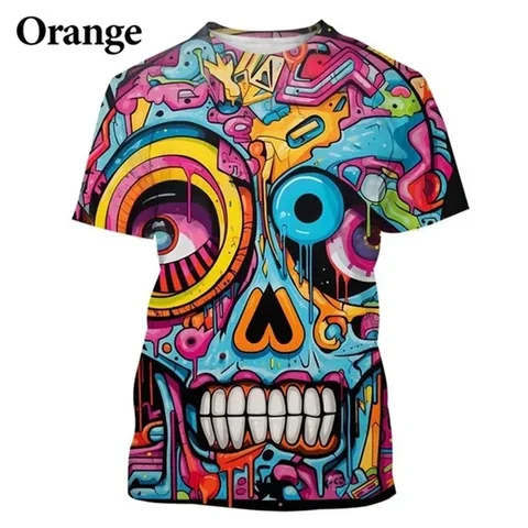 Красочная уличная граффити в стиле хип-хоп, крутая футболка с 3D принтом черепа, персонализированная мужская модная повседневная футболка с коротким рукавом