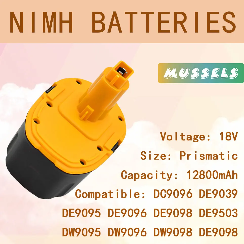 

2022 18V 12800mAh DC9096 NiMH Power Tool for DeWalt DC390B DC390K DC390KA DC390KBDC390N DC410 DC410KA DW999KQ DE9098