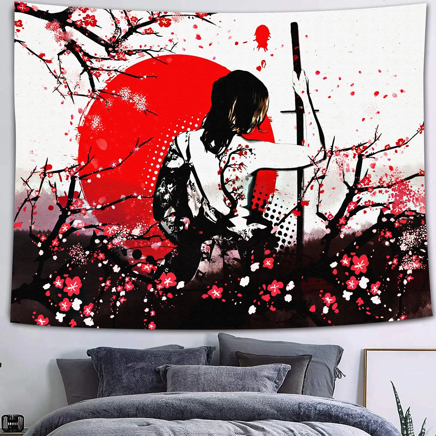 

Simsant Japan Tapestry Gothic Skull Tapestry Japanese Samurai Tapestery Psychedelic Burning Sun Tapestry for Living Room Dorm