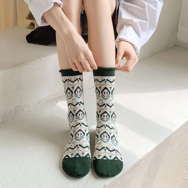 6 Pairs Lolita  Fashion Cotton Socks Women Checkered Print Kawaii Frilly Socks Long Winter Leg Warmers Harajuku Medias De Mujer