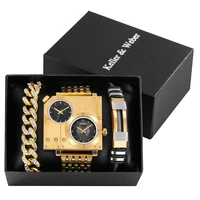 top luxury mens watches with bracelet set gold square dual time zone dial quartz wristwatch gift for boyfriend reloj hombre