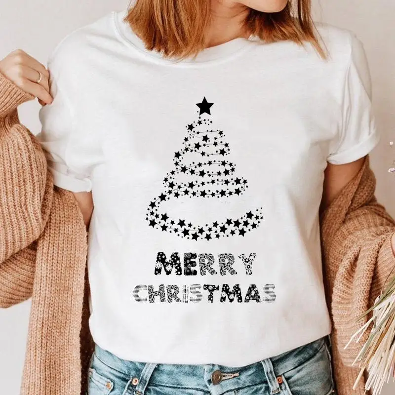 

Women Fashion Casual New Year Holiday Tshirt Top Happy Merry Christmas Cartoon Trend Clothes Graphic Style Female Tee T-shirt