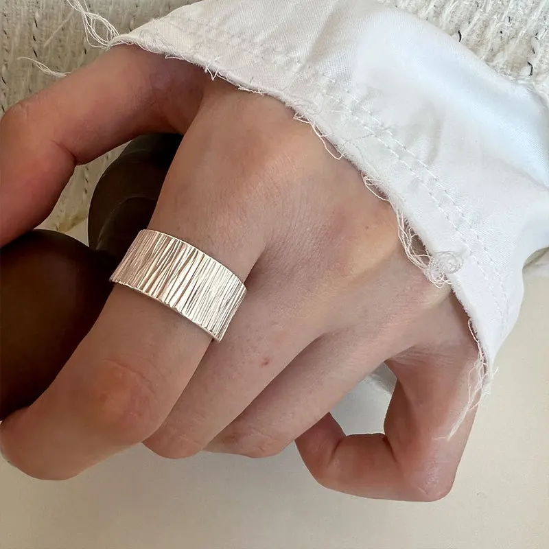 

Silvology 925 Sterling Silver Minimalist Texture Wide Rings for Women Japan Korea Temperament Commute Open Rings Fine Jewelry