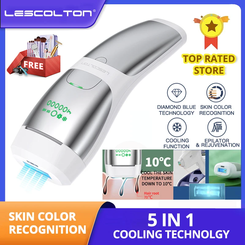 Lescolton 5 in 1 Sapphire IPL Hair Removal Machine Permanent Cool Epilator Home Use Women Men Auto Power Set Bikini Body Trimmer