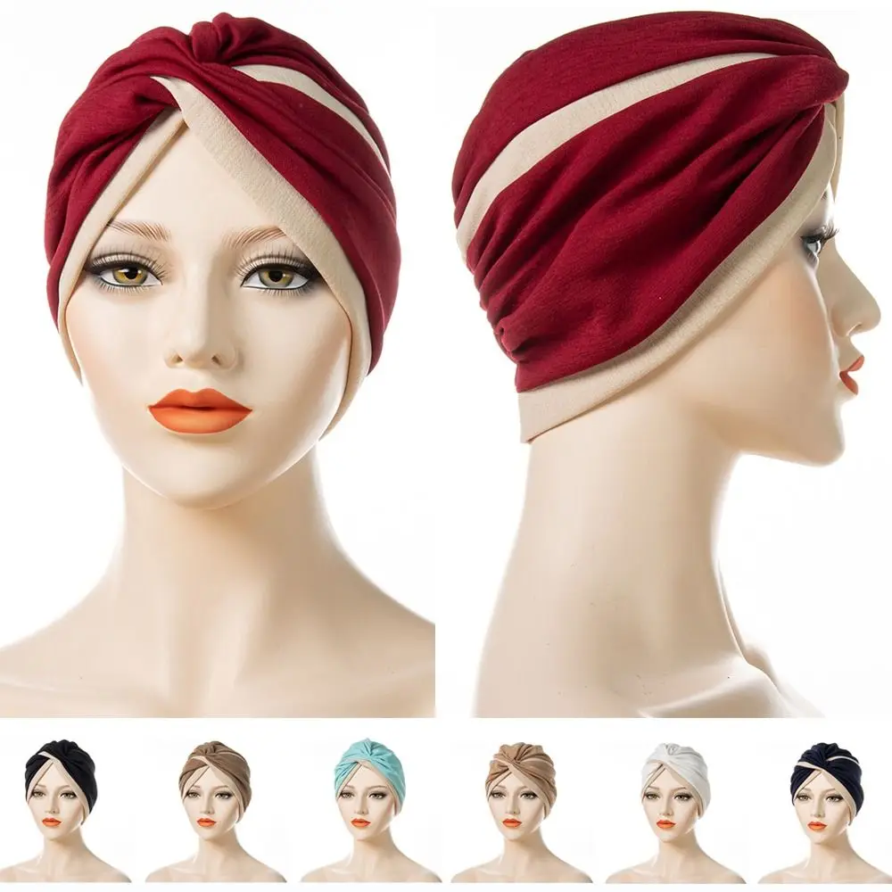 

Fashion Stitched Forehead Two Color Ladies Twisted Muslim Hijab Turban Hat Indian Hats