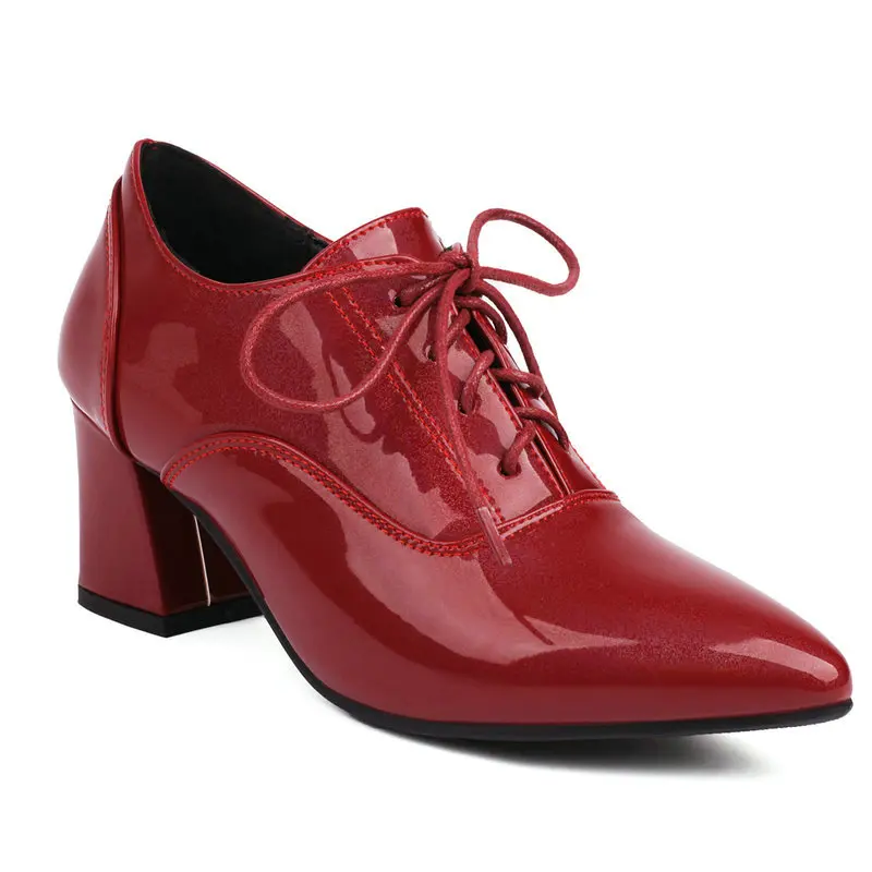 

Autumn Spring Patent Leather Burgundy Blue Red Color Pointed Toe Lace-up Office Lady Pumps Chunky High Heels Formal Brogue Shoes