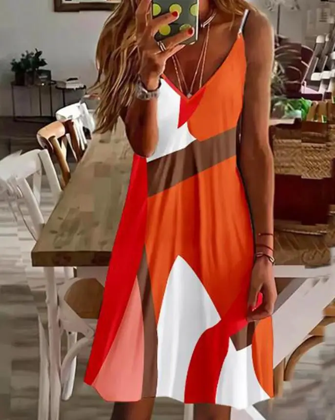 

Summer Dresses Woman 2022 Vacation Colorblock Spaghetti Strap V-Neck Casual Mini Cami Dress