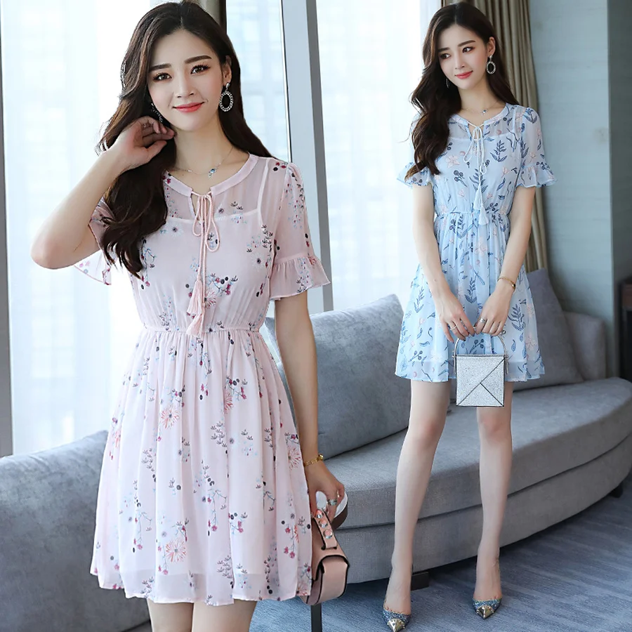 

Vintage Summer Floral Chiffon Boho Dress 2023 Elegant Women Sexy Club Dresses Party Pink Korean Dress Casual Chic Beach Vestidos