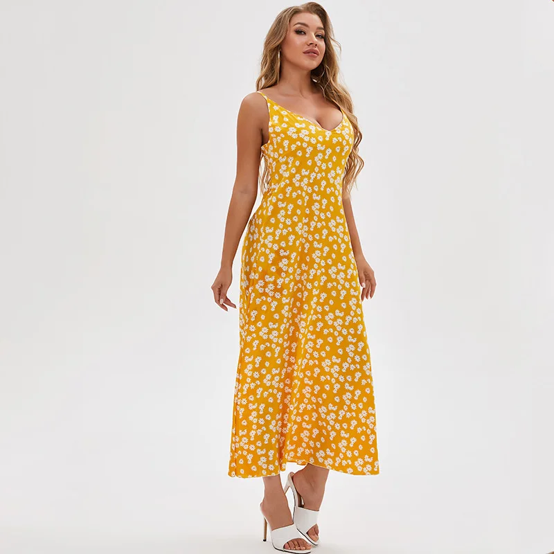 

Casual slim fashion sexy elegant new dress,Summer V-neck Dress Sexy Deep V Strap Gentle Slim Yellow Fragmented Flower Print2023