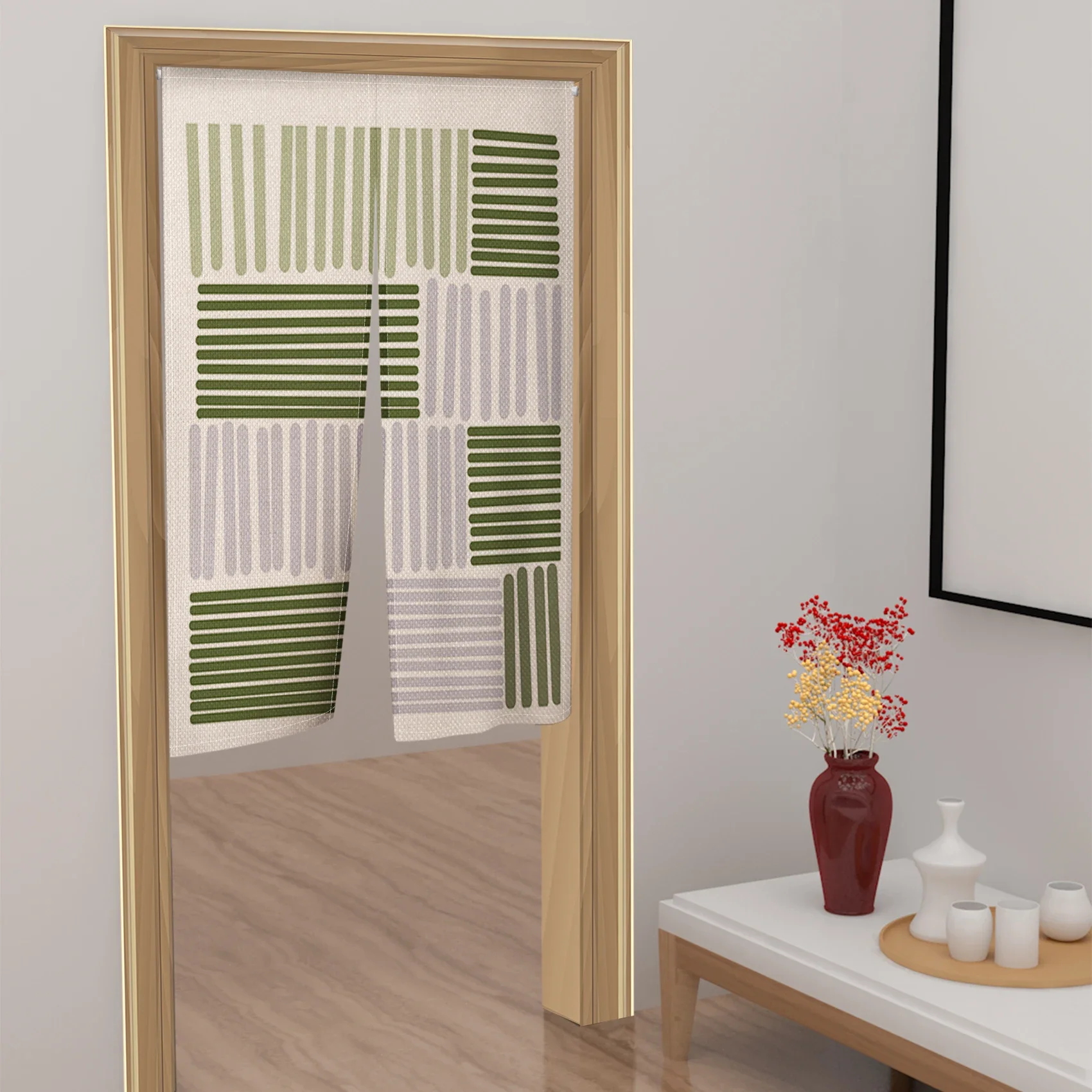Простые японские дверные занавески с зелеными линиями Короткие непрозрачные