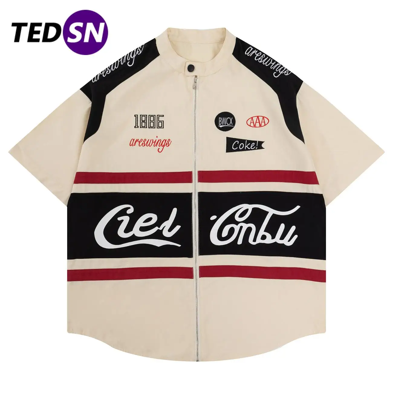 

TEDSN Colorful Printing Loose Casual With Zipper Turn-down Collar T-shirt New Style Summer Hot Selling Men Women Short Sleeve