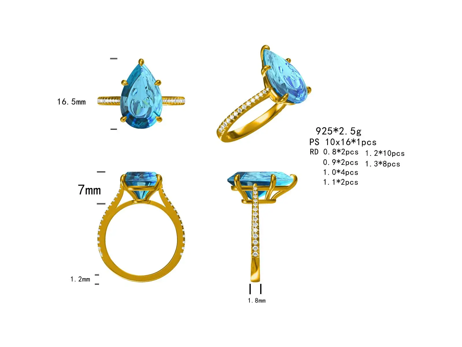 JOVOVASMILE Luxury Moissanite Engagement Ring 18k Gold 7 Carat 16x10mm Fancy Light Blue Old Mine Pear Center 5-Prong