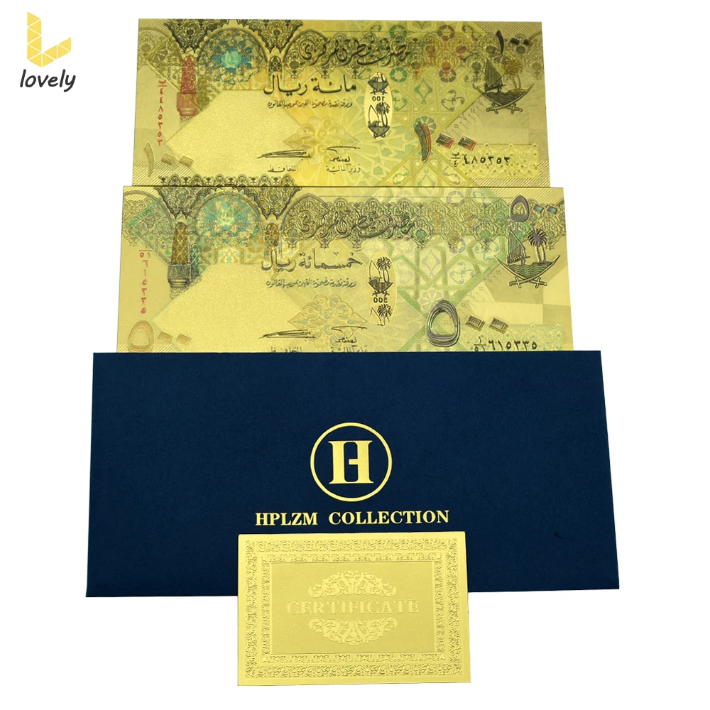 

2pcs/set Qatar Gold Foil Banknote Illiquid Currency Paper High Quality Home Decoration Exquisite Craftsmanship Fans Collection