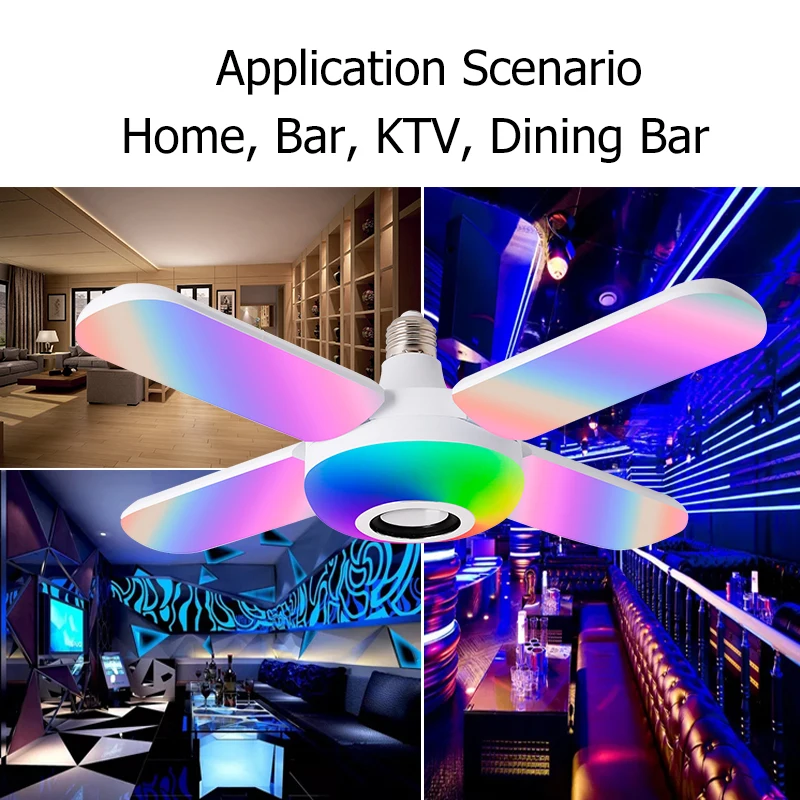 E27 RGB Bluetooth Speaker Lamp Four Leaf LED Smart Foldable 50W Remote Control Colorful Bulb Fan Light Decor Home |
