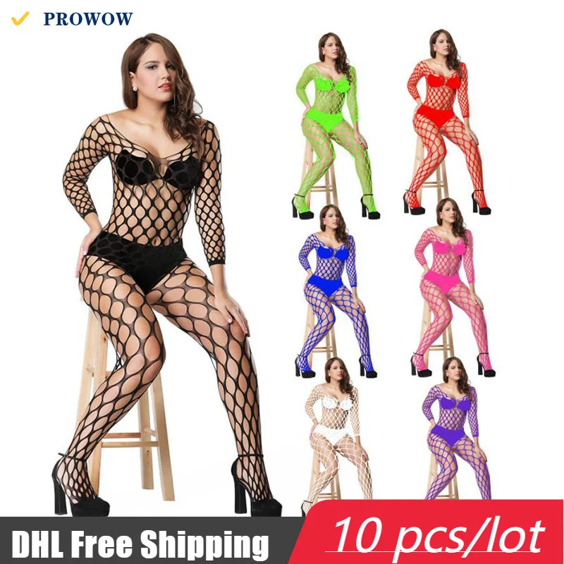 PROWOW Long Sleeve Big Mesh Hole Jumpsuit Foot Net Socks Sexy See Through One Piece Outfit Wholesale Bulk Women Jumpsuits 7407
