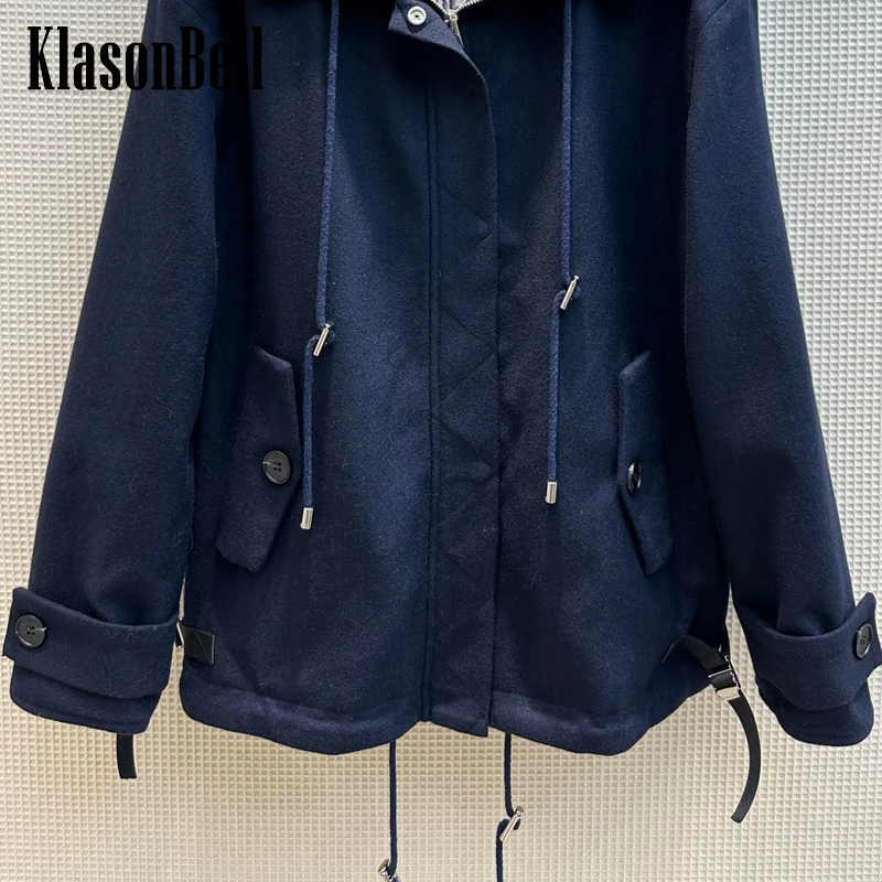 

12.7 KlasonBell Lining Letter Jacquard Loose Casual Hooded Drawstring Zipper Wool Jacket Women