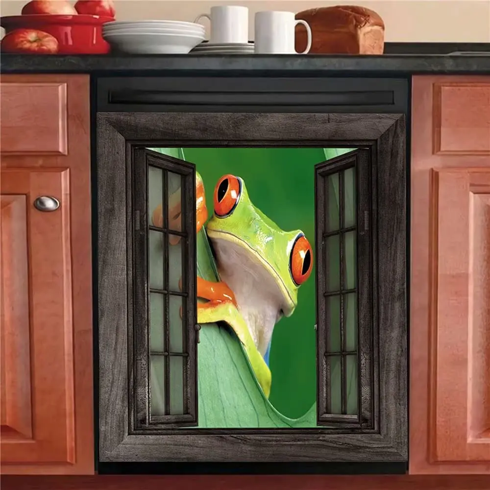 

Декоративные магниты для мытья в посудомоечной машине Frog Look At Me, зеленая лягушка, окно, холодильник, передняя панель s, забавная виниловая па...