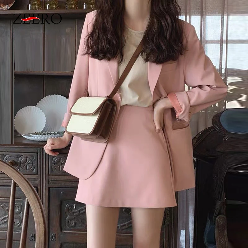 

Autumn Women Suits Pink Skirt Suits 2 Piece Set Blazer Jacket Mini Skirt Ladies Casual Work Sets Suits Elegant Woman Sets S-2XL