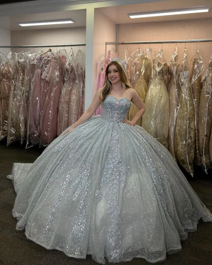 

Серебристые блестящие платья для Quinceanera, юбка-гилтер, аппликация, кристаллы, кружево, vestido 15 quinceañeras con, корсет для выпускного вечера, sweet 16