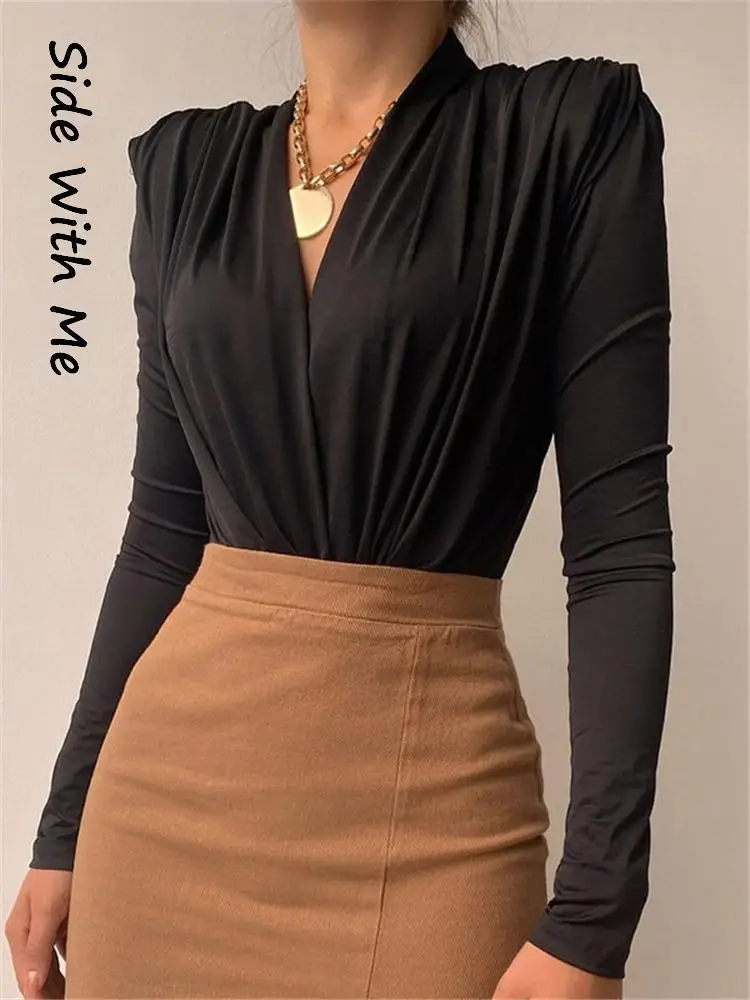 

Боди женское с длинным рукавом, V-образным вырезом и драпировкой