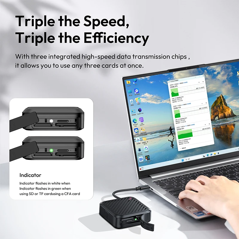 Чехол для чтения карт 3-в-1 CFA/SD/TF 13 держателей с интерфейсом USB3.2 Gen2