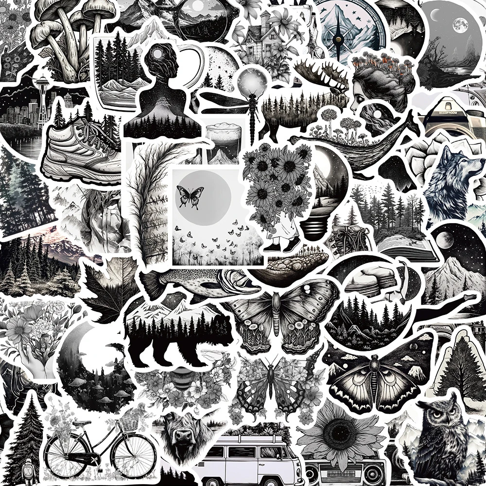 

10/30/60pcs Mix Black And White Butterflies Stickers Mushrooms Animal Sticker Motorcycle Skateboard Phone Wall Graffiti Decals