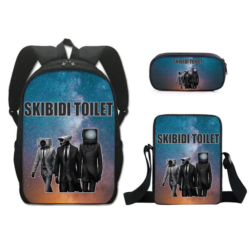 Фото Классический популярный набор школьных сумок Skibidi Toilet с 3D-принтом (3 предмета): рюкзак для ноутбука, повседневный рюкзак, сумка через плечо, пенал. №4