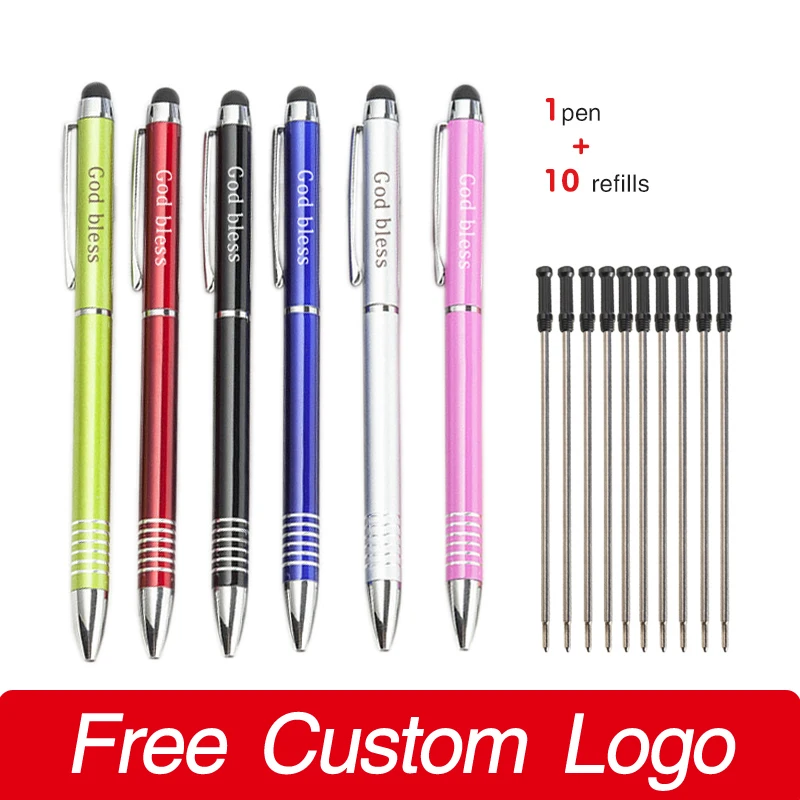 1 Pen + 10 Refills Custom LOGO Metal Touch Screen Stylus Engravable Name Personalized Gift Ballpoint Signature Pens Stationery