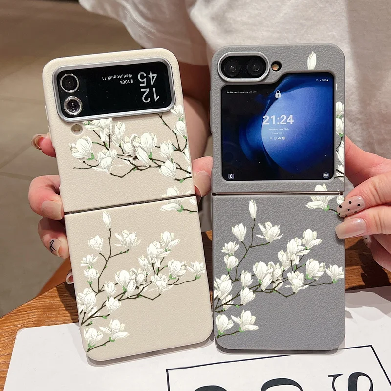 Чехол с белым цветком для Samsung Galaxy Z Flip6 Flip5 Flip4 Capa силиконовый складной чехол