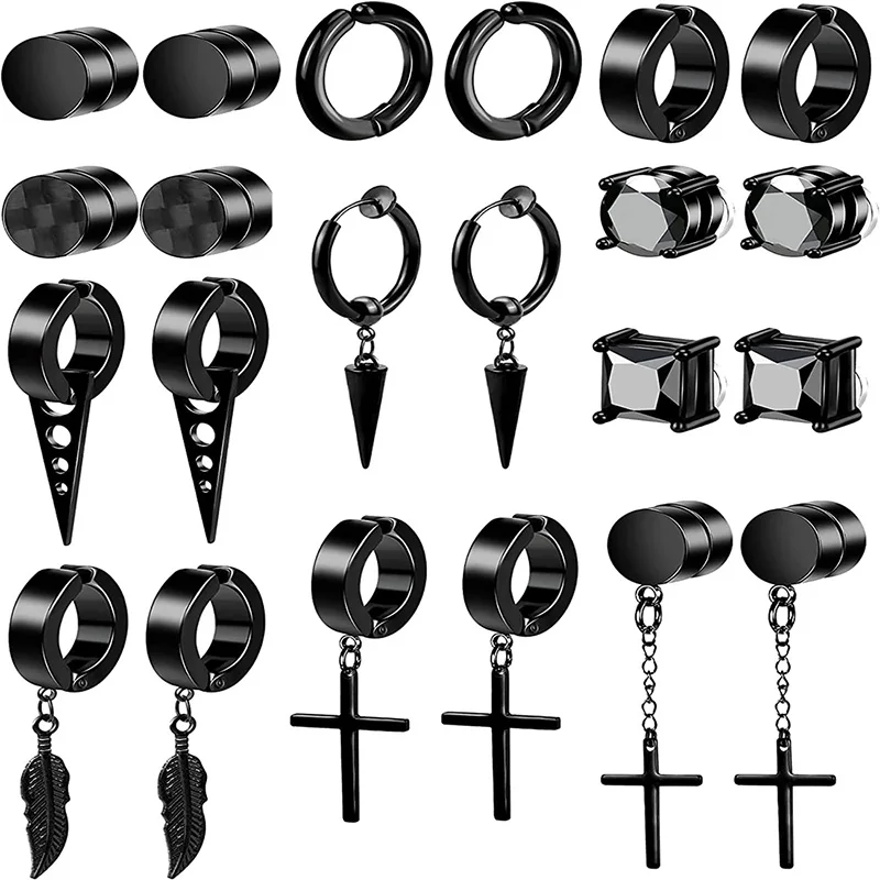 2 Pcs Black Magnetic Earrings for Men Clip On Earrings for Men Fake Earrings Mens Earrings Hoop Cross Dangle Earrings