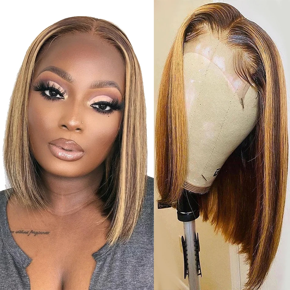 

Short Highlight Wig Human Hair T Part 4x1 Lace Closure Bob Wigs for Women 150% Remy Peruvian Straight HD Transparent Lace Wigs