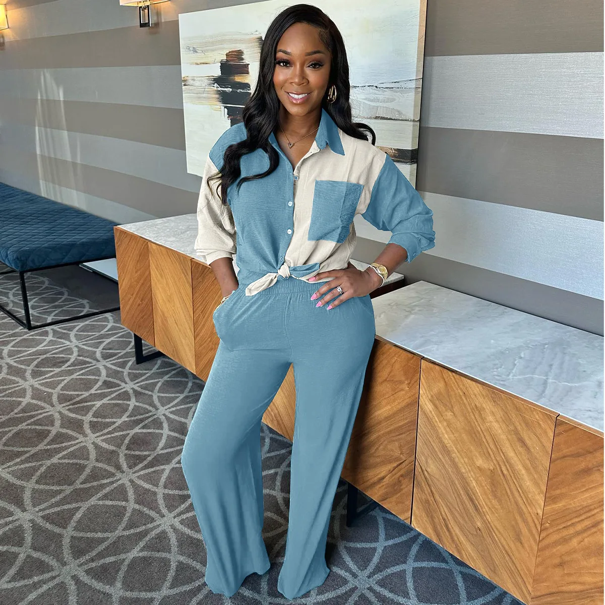 

Simple Solid Two Piece Set Women Casual Long Sleeve Lapel Button Shirt Tops+Matching Straight Pants Female Going Out Tracksuits