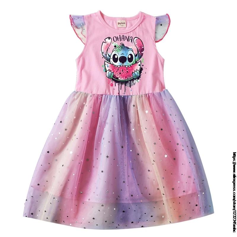 Летнее платье для девочек стиль Лило и Ститч лоскутного шитья радуга мультяшное