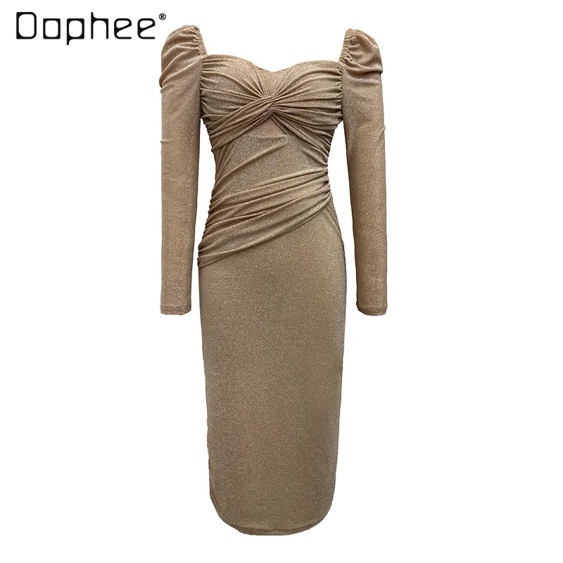

2022 Spring New Women's Long Sleeve V-neck Dress Ladies French Pleated Twisted Tube Top Cinched Waist Sheath Dresses Female