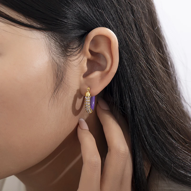 Фиолетовые эмали U-образные серьги-кольца со стразами и кристаллами для девочек
