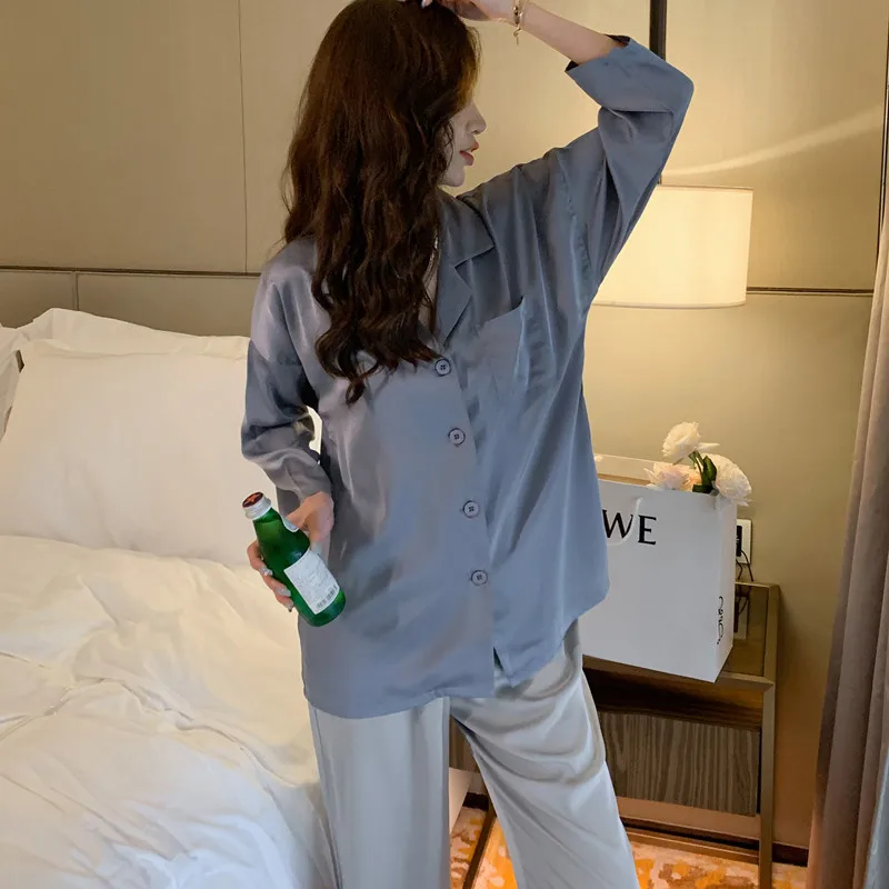 New Season Spring and Autumn Silk Pajamas Women's Long-Sleeved Suit Solid Color Thin Ice Silk Lapel Large Size Loose Home Wear