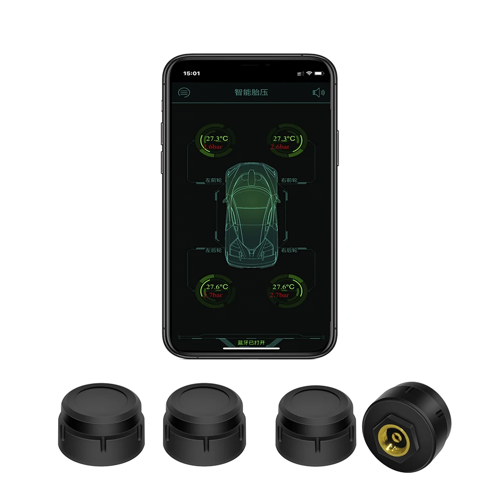 

Car TPMS Bluetooth Tire Pressure Monitoring System With 4 External Sensors App Abnormal Tire Pressure Temperature Alarm