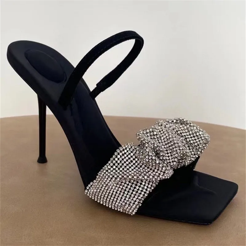 

Casual Designer Fashion Women Shoes Black Leather Peep Toe Crystal Strappy High Heels Stiletto Stripper Zapatos Mujer Sandalias