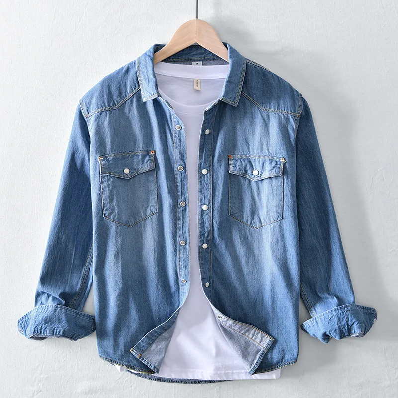 

Retro Denim Shirts Men's Long Sleeve Double Chest Pocket Casual Jeans Shirt Slim Fit Jeans Blue Tops Cowboy Clothing