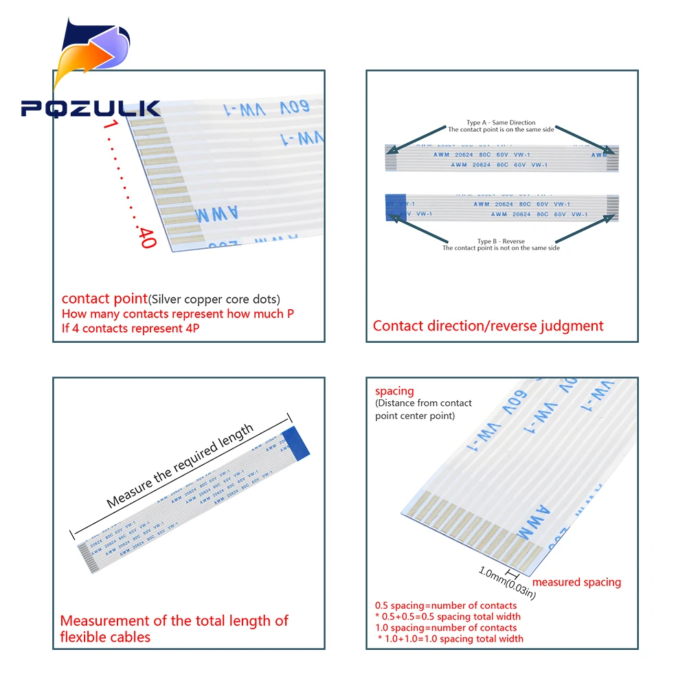 5PCS FPC FFC Ribbon Flexible Flat Cable 4/5/6/8/10/12/14/16/18/20/30/40-80Pin Pitch 0.5MM 1.0MM A-Type Wire Length
