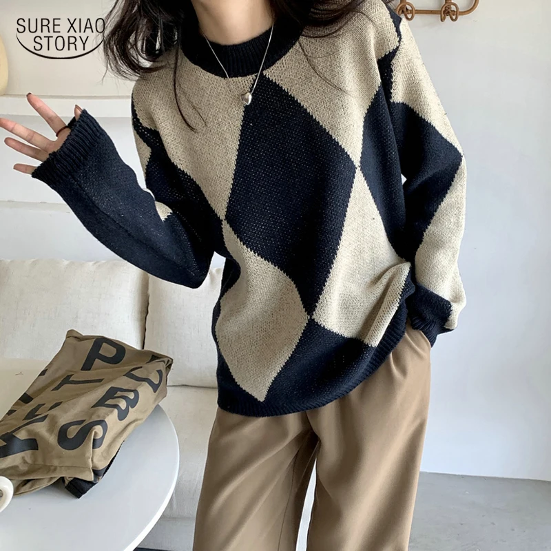 

Korean Autumn Wool Pullover Women Sweater Winter O-Neck Loose Warm Fashion Tops Vintage Argyle Knitted Sweater Pull Femme 17843