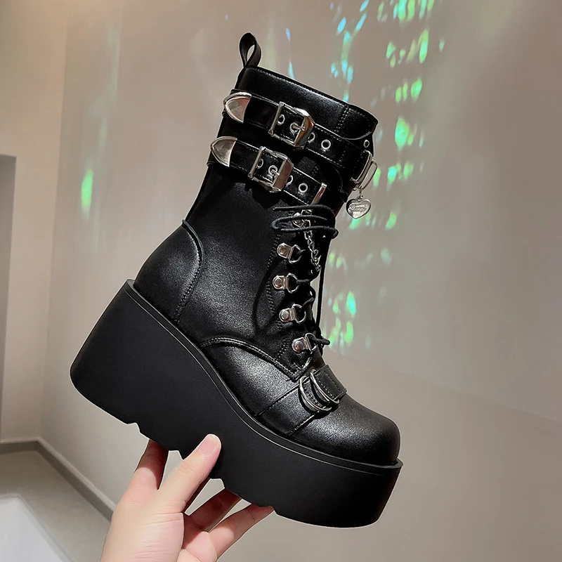 

Black Platform Wedges Women Ankle Boots Autumn Winter Gothic Street Comfy Fashion Cool Woman Shoes Motorcycle Boots Plus Size 43