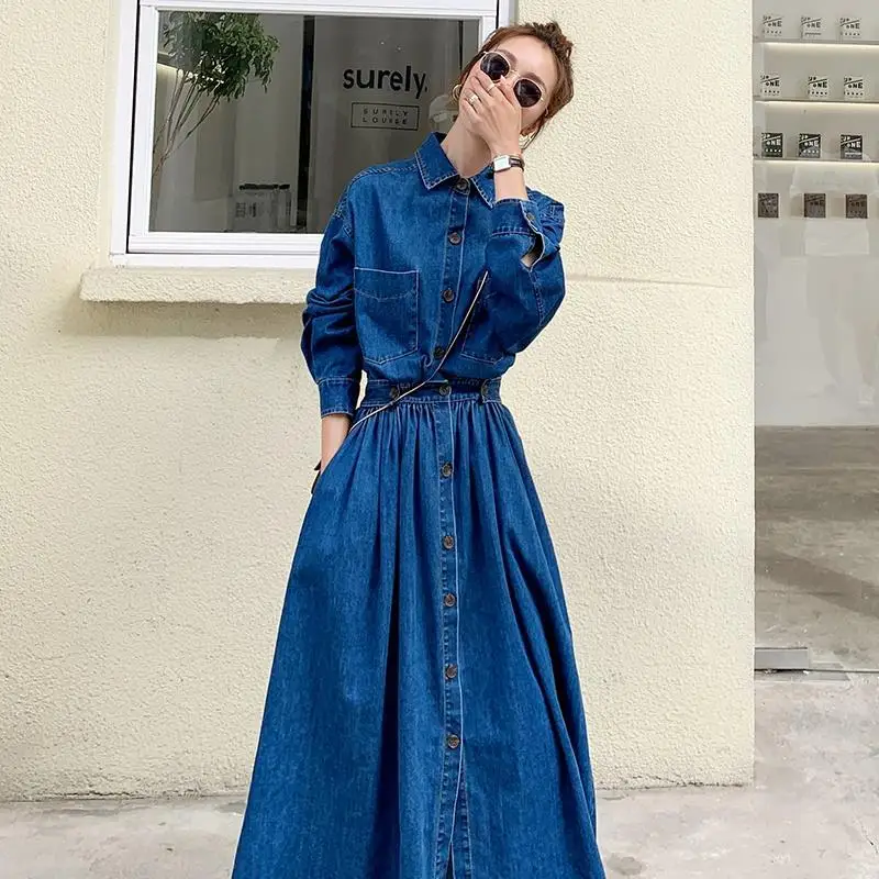

Long Denim Shirt Dress Women's 2022 Spring Autumn Long-sleeved Temperament Waist A-line Dress All-match Casual Women's clothing