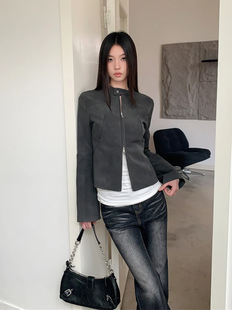 American-Sle Sweet Cool Shoulder Stand Collar Pocket Double Zipper Fit Short Leather Coat Jacket Autumn and Winter New Shor...